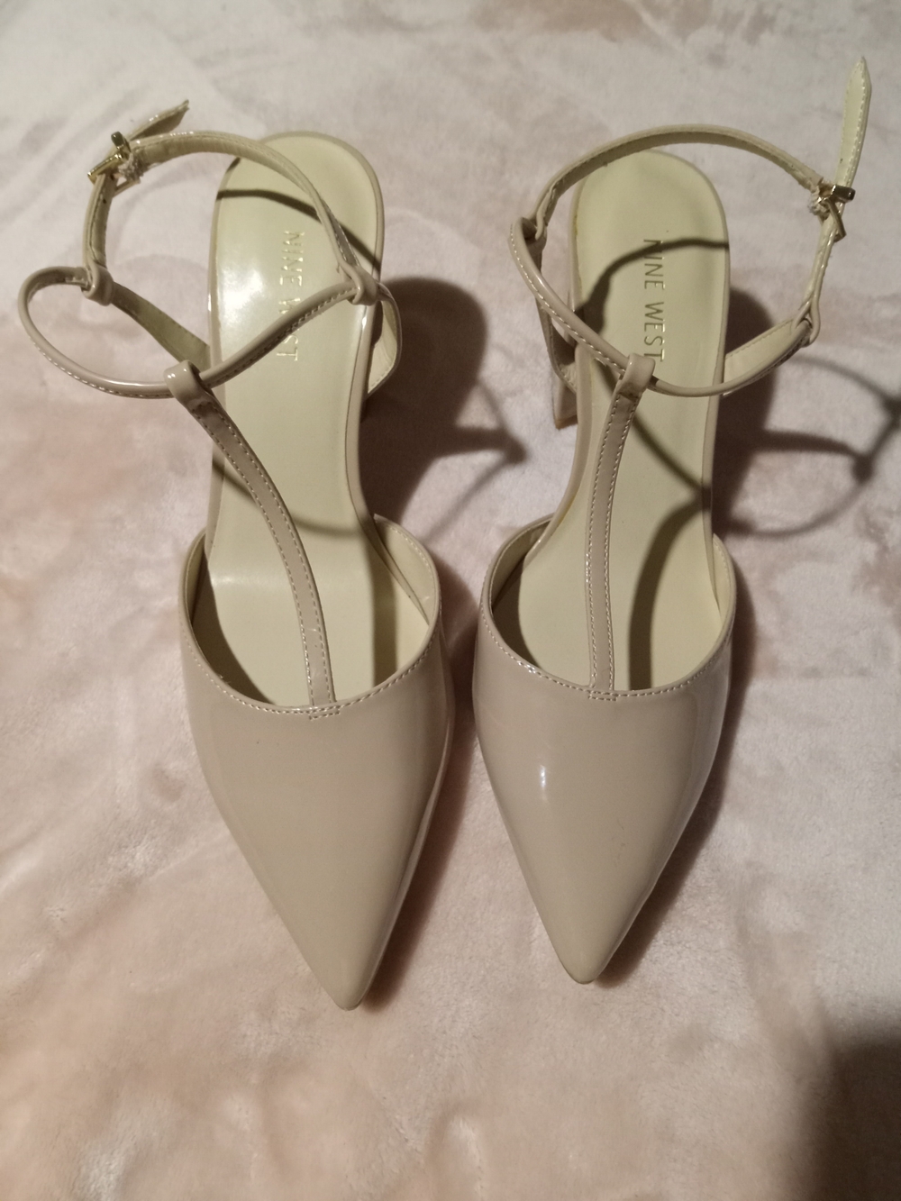 Nine West Blush Patent T-Strap Pointed Toe Heels